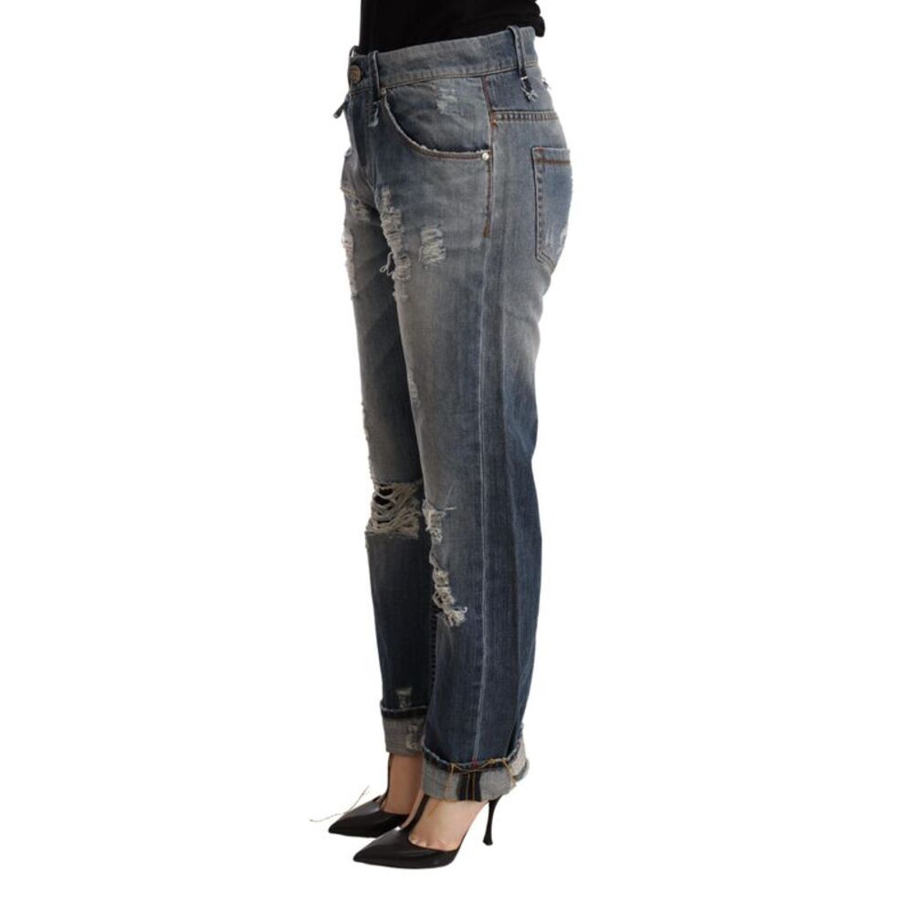 Acht Blue Tattered Mid Waist Straight Denim Women's Trouser